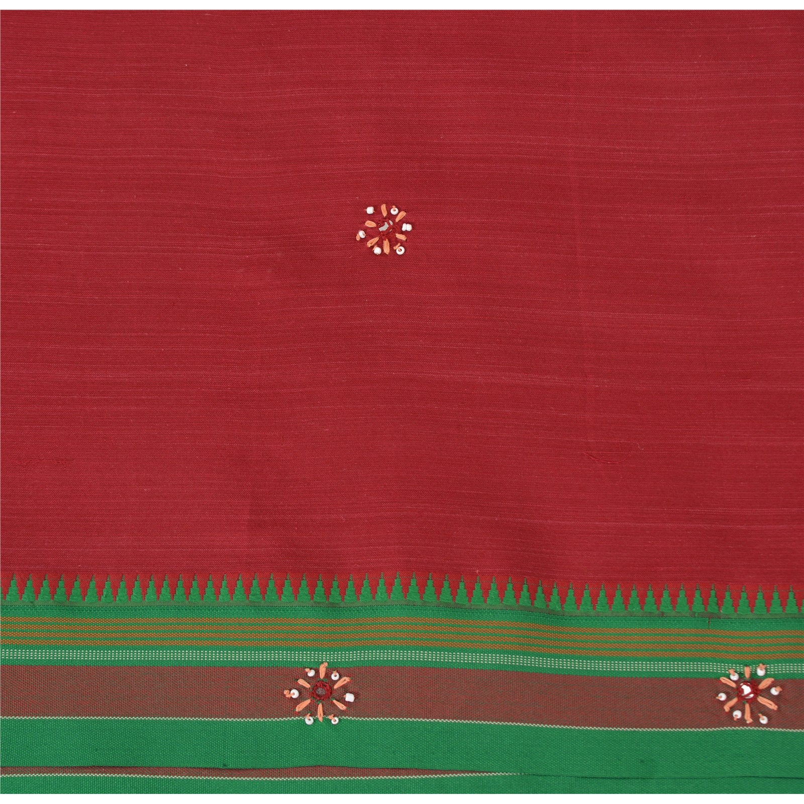 Sanskriti Vintage Red Saree Pure Cotton Hand Beaded Woven Sari 5yrd Craft Fabric