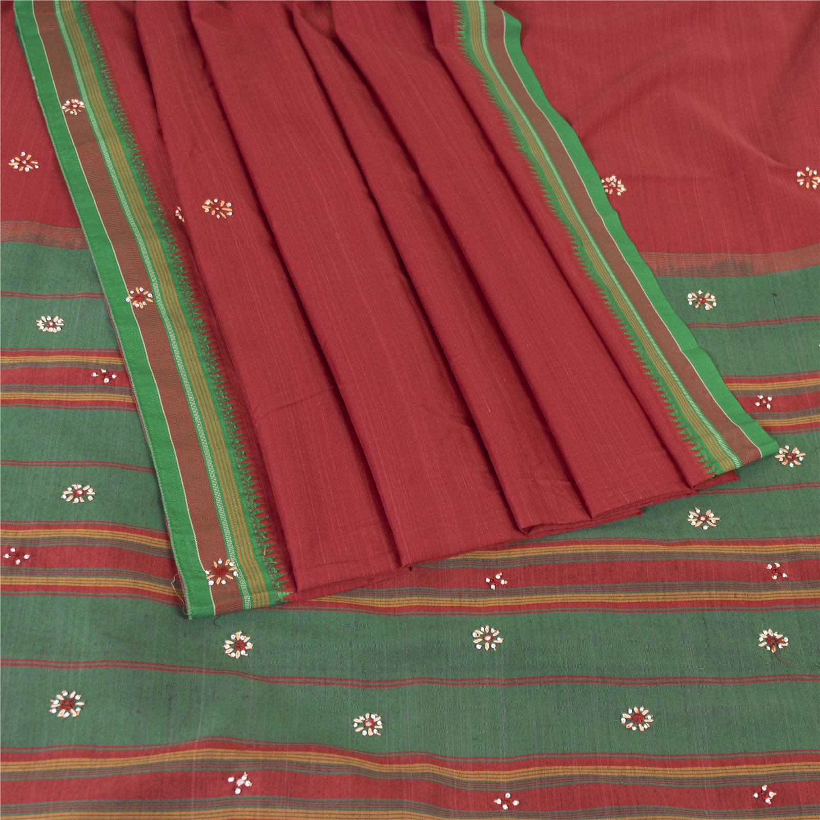 Sanskriti Vintage Red Saree Pure Cotton Hand Beaded Woven Sari 5yrd Craft Fabric