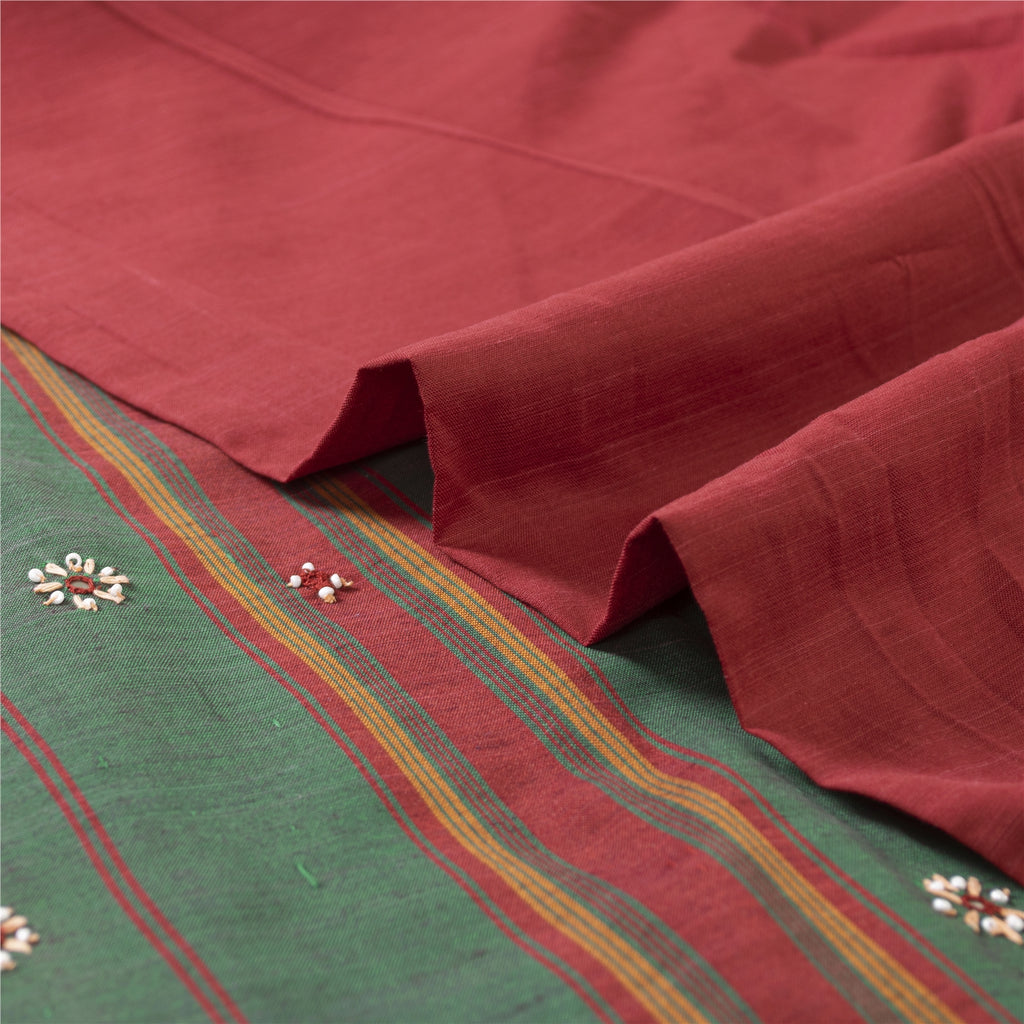 Sanskriti Vintage Red Saree Pure Cotton Hand Beaded Woven Sari 5yrd Craft Fabric