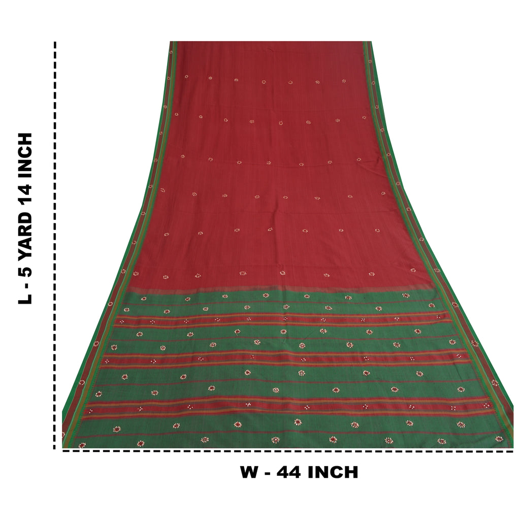 Sanskriti Vintage Red Saree Pure Cotton Hand Beaded Woven Sari 5yrd Craft Fabric