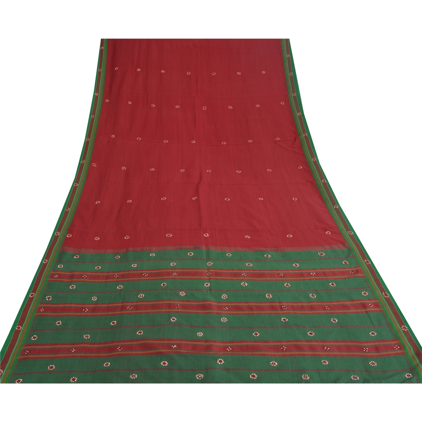 Sanskriti Vintage Red Saree Pure Cotton Hand Beaded Woven Sari 5yrd Craft Fabric
