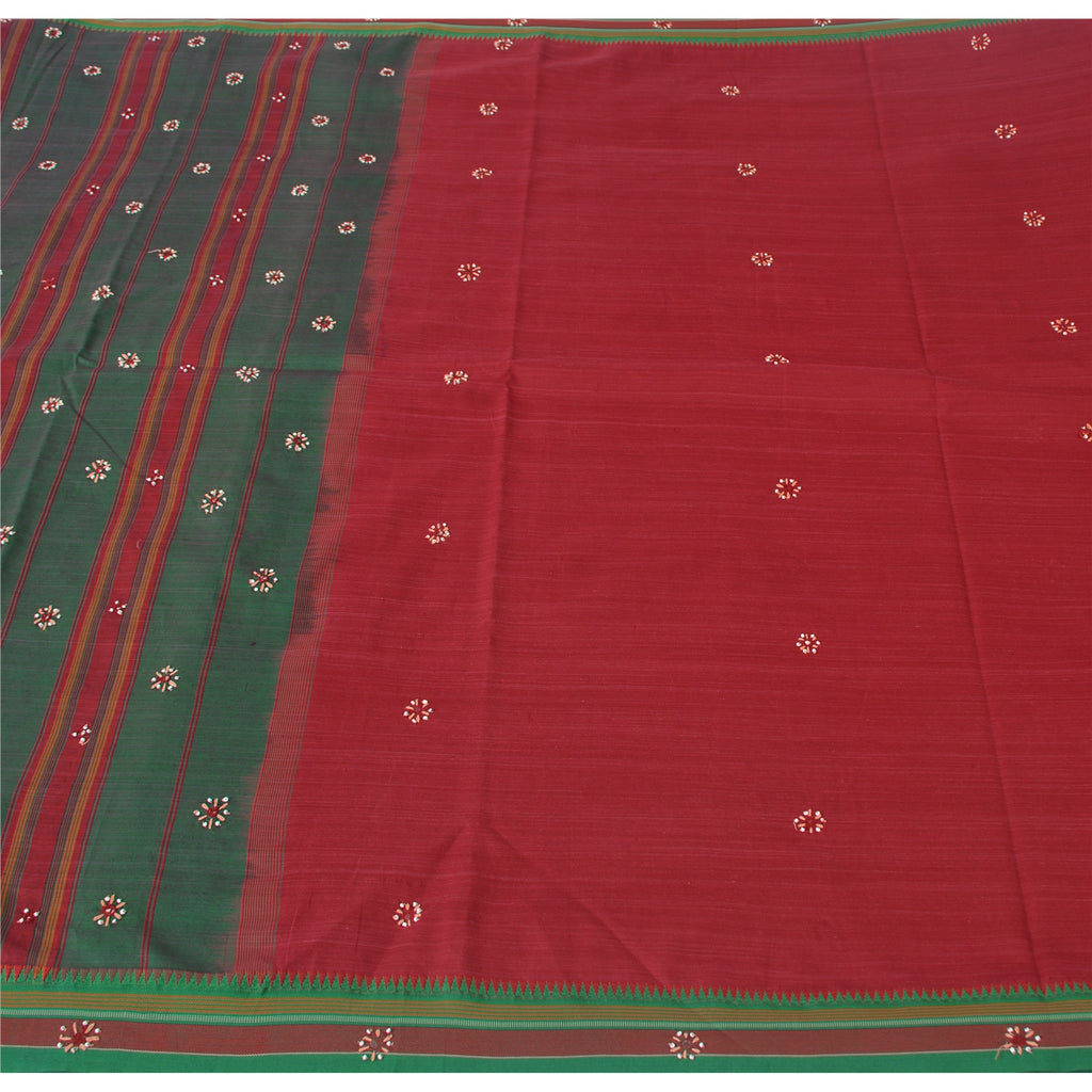 Sanskriti Vintage Red Saree Pure Cotton Hand Beaded Woven Sari 5yrd Craft Fabric