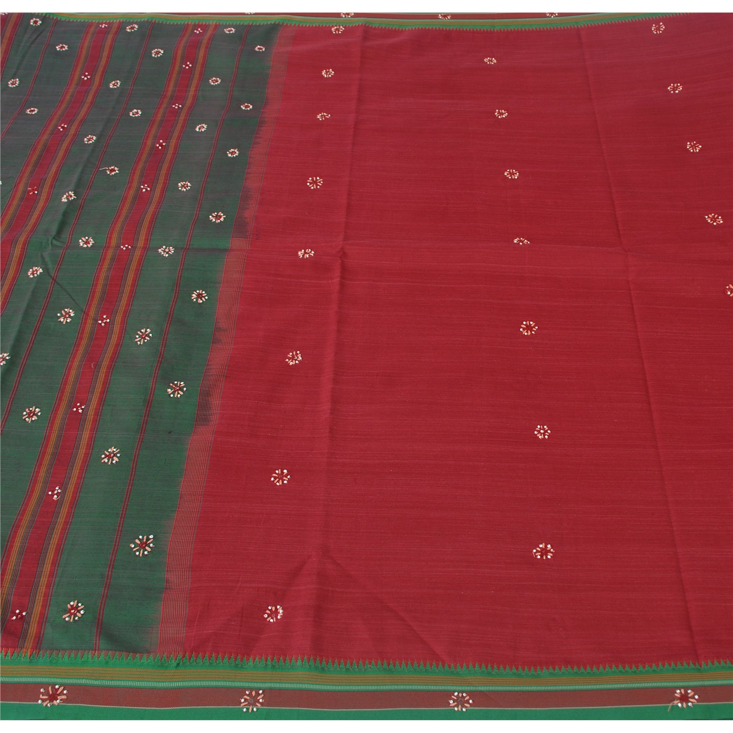 Sanskriti Vintage Red Saree Pure Cotton Hand Beaded Woven Sari 5yrd Craft Fabric