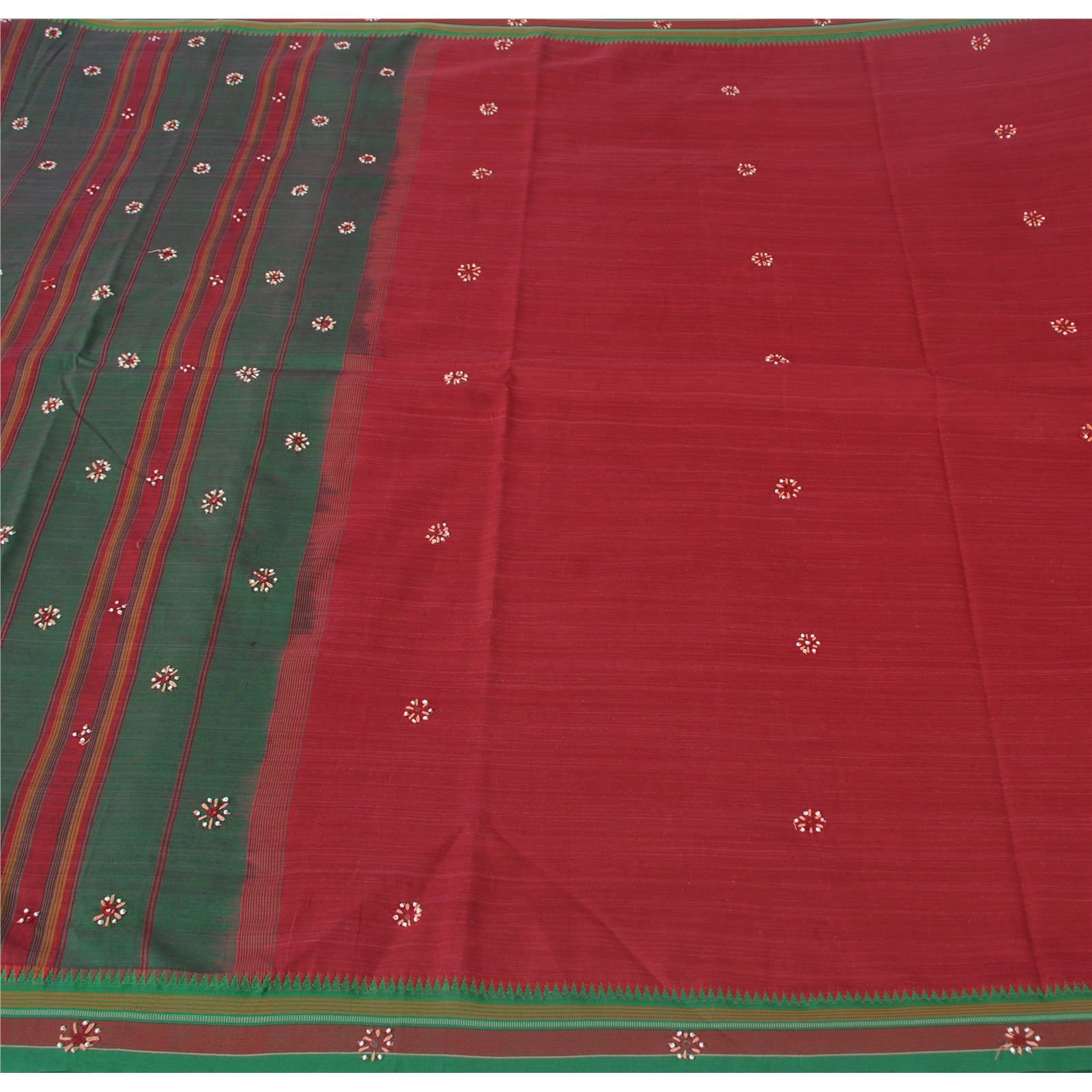 Sanskriti Vintage Red Saree Pure Cotton Hand Beaded Woven Sari 5yrd Craft Fabric