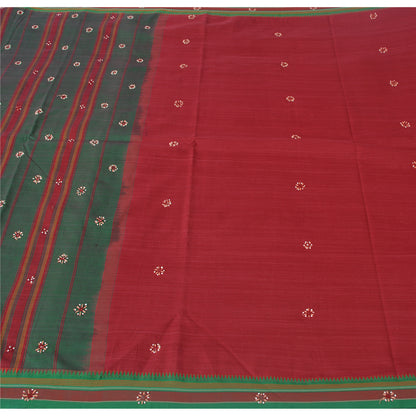 Sanskriti Vintage Red Saree Pure Cotton Hand Beaded Woven Sari 5yrd Craft Fabric