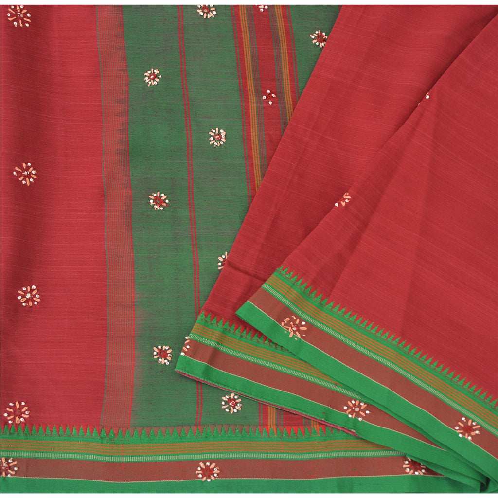 Sanskriti Vintage Red Saree Pure Cotton Hand Beaded Woven Sari 5yrd Craft Fabric