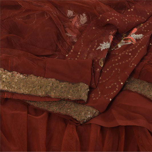 Sanskriti Vintage Brown Saree Georgette Hand Beaded Craft Fabric Premium Sari