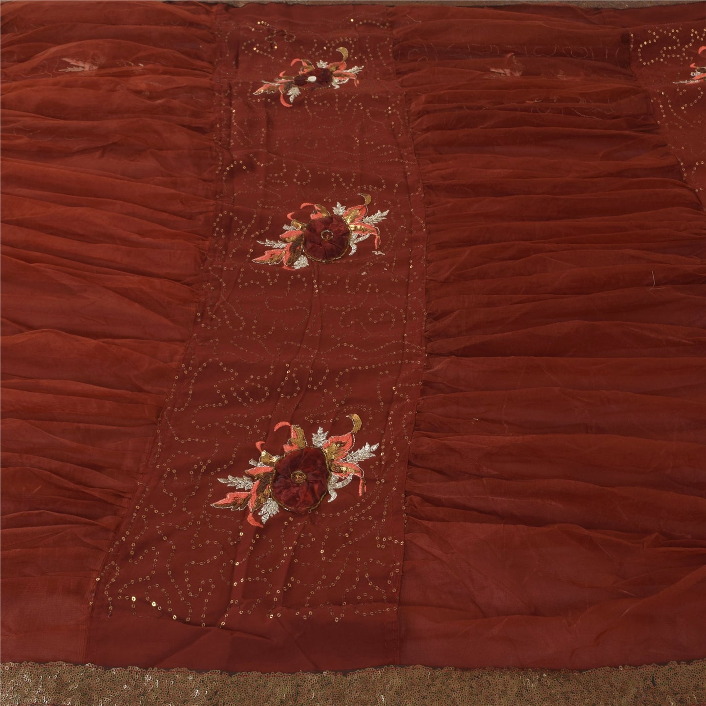 Sanskriti Vintage Brown Saree Georgette Hand Beaded Craft Fabric Premium Sari