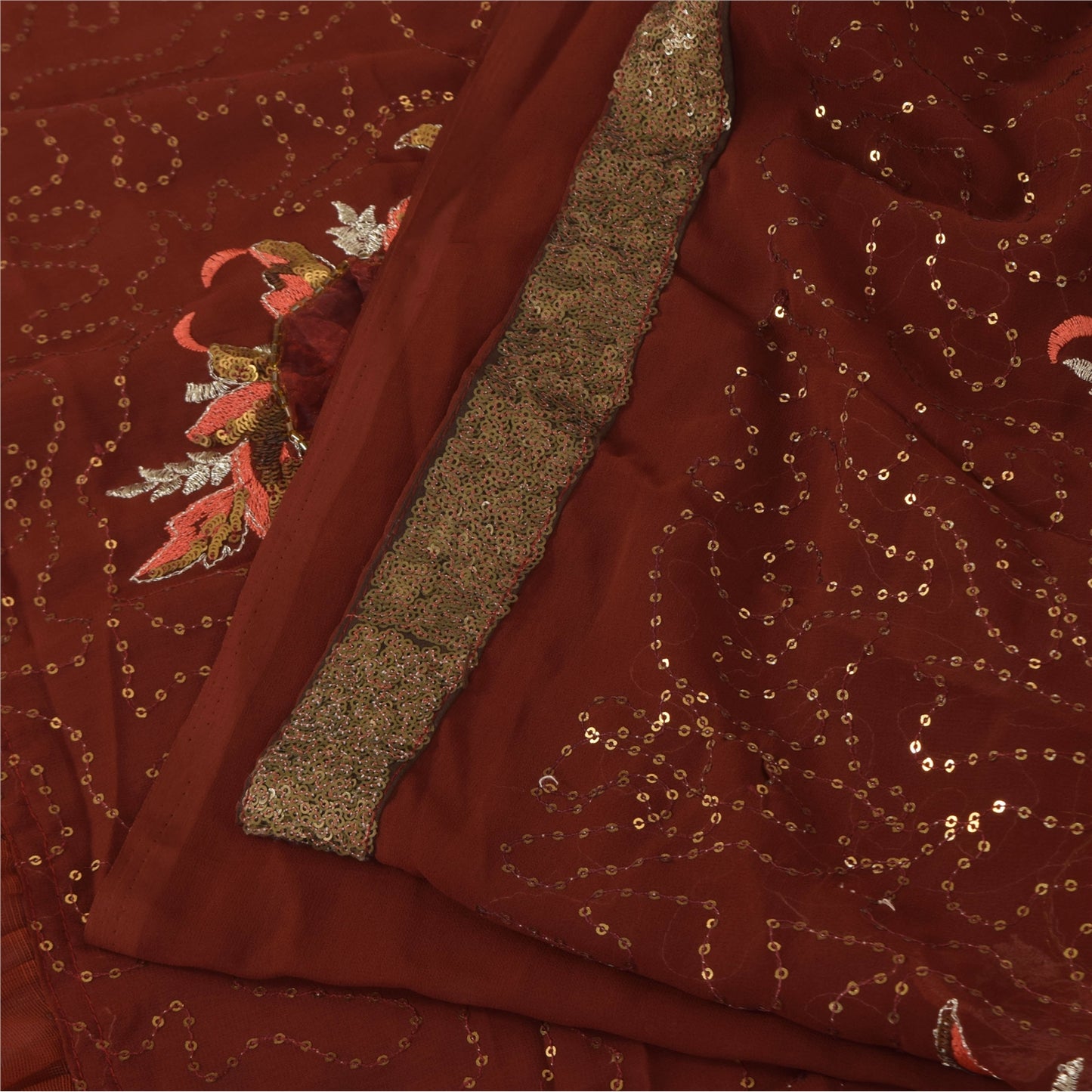 Sanskriti Vintage Brown Saree Georgette Hand Beaded Craft Fabric Premium Sari