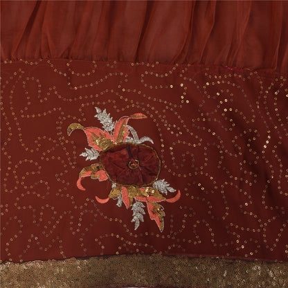 Sanskriti Vintage Brown Saree Georgette Hand Beaded Craft Fabric Premium Sari