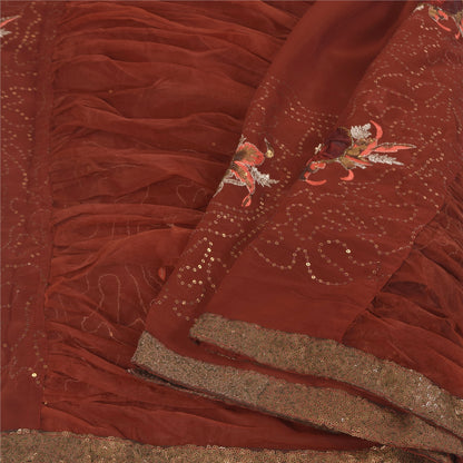 Sanskriti Vintage Brown Saree Georgette Hand Beaded Craft Fabric Premium Sari