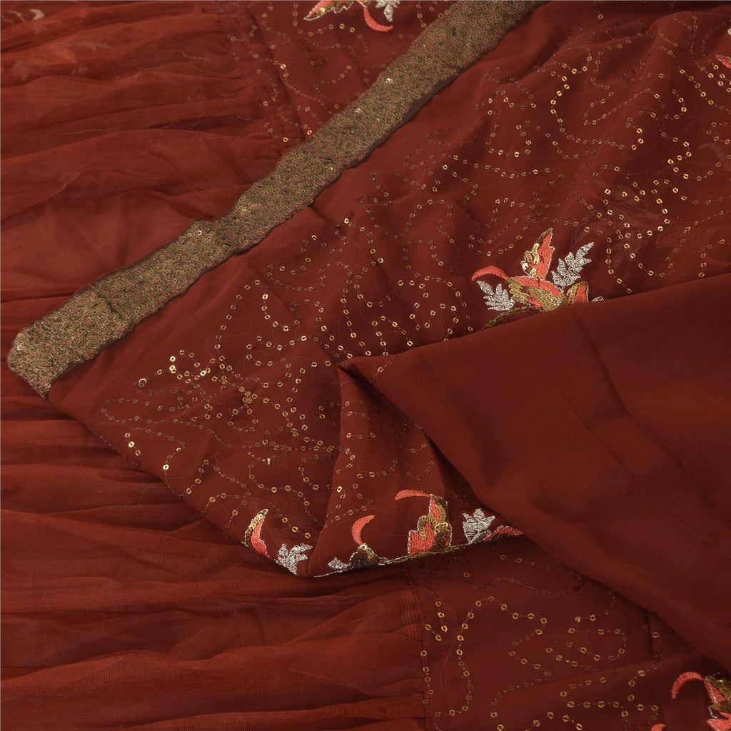 Sanskriti Vintage Brown Saree Georgette Hand Beaded Craft Fabric Premium Sari