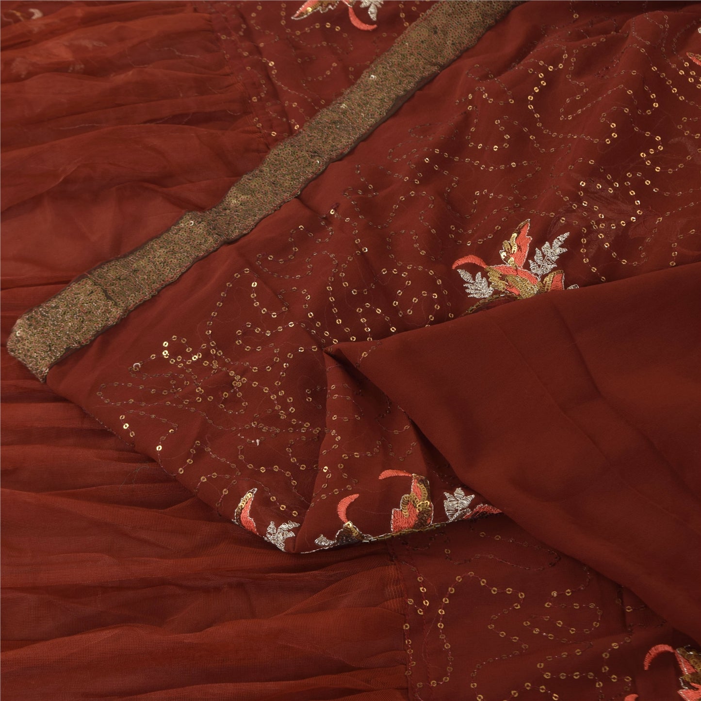 Sanskriti Vintage Brown Saree Georgette Hand Beaded Craft Fabric Premium Sari