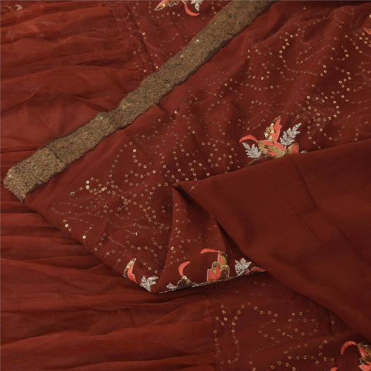 Sanskriti Vintage Brown Saree Georgette Hand Beaded Craft Fabric Premium Sari