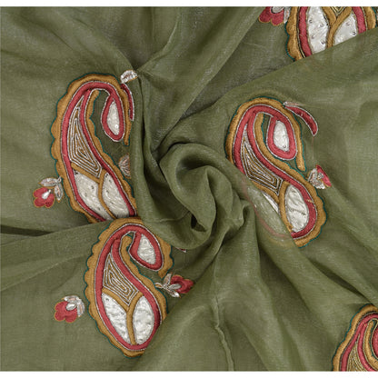 Sanskriti Vintage Green Sarees Blend Silk Hand Beaded Craft Fabric Premium Sari