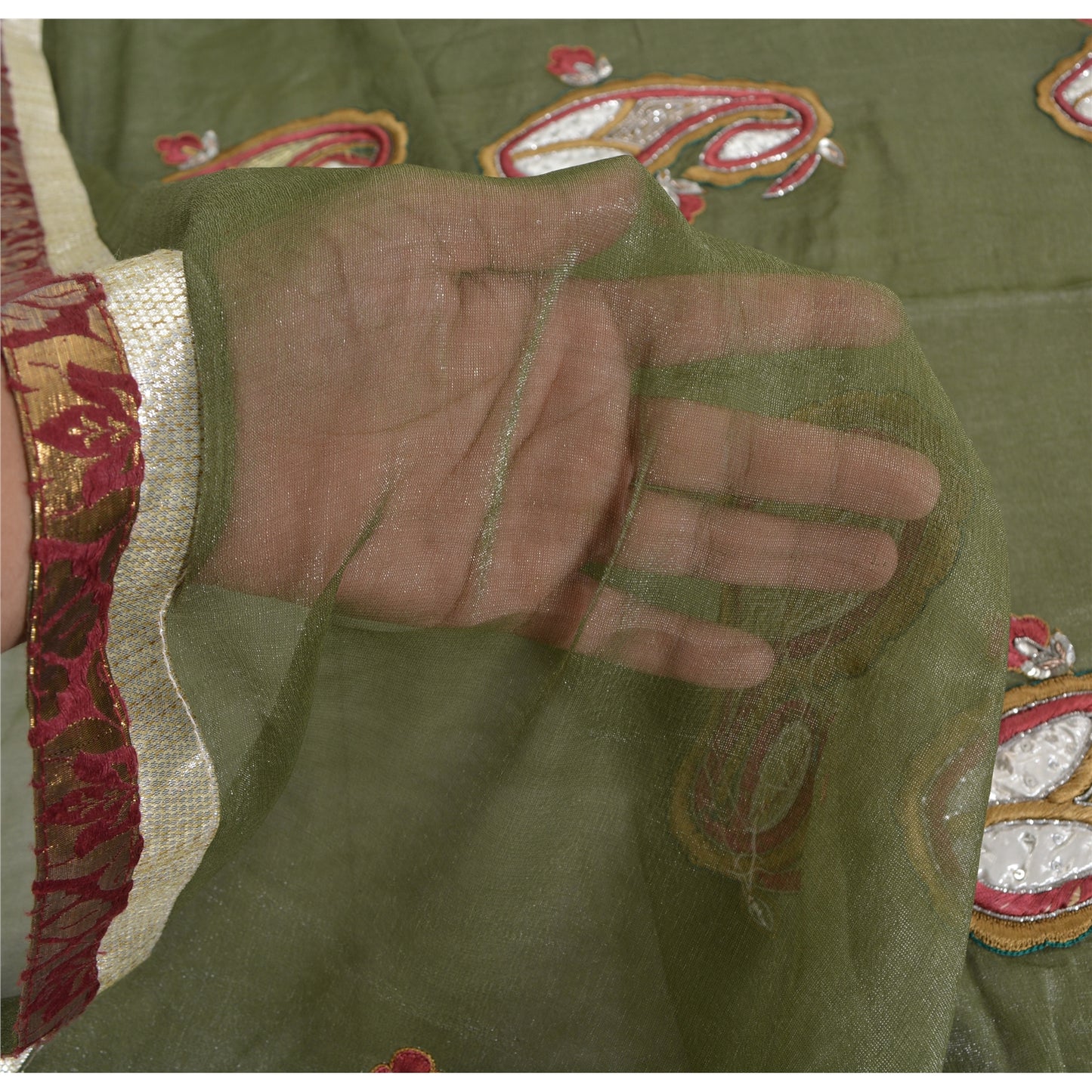 Sanskriti Vintage Green Sarees Blend Silk Hand Beaded Craft Fabric Premium Sari