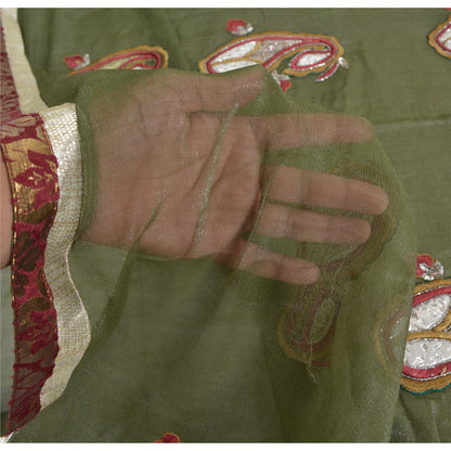 Sanskriti Vintage Green Sarees Blend Silk Hand Beaded Craft Fabric Premium Sari