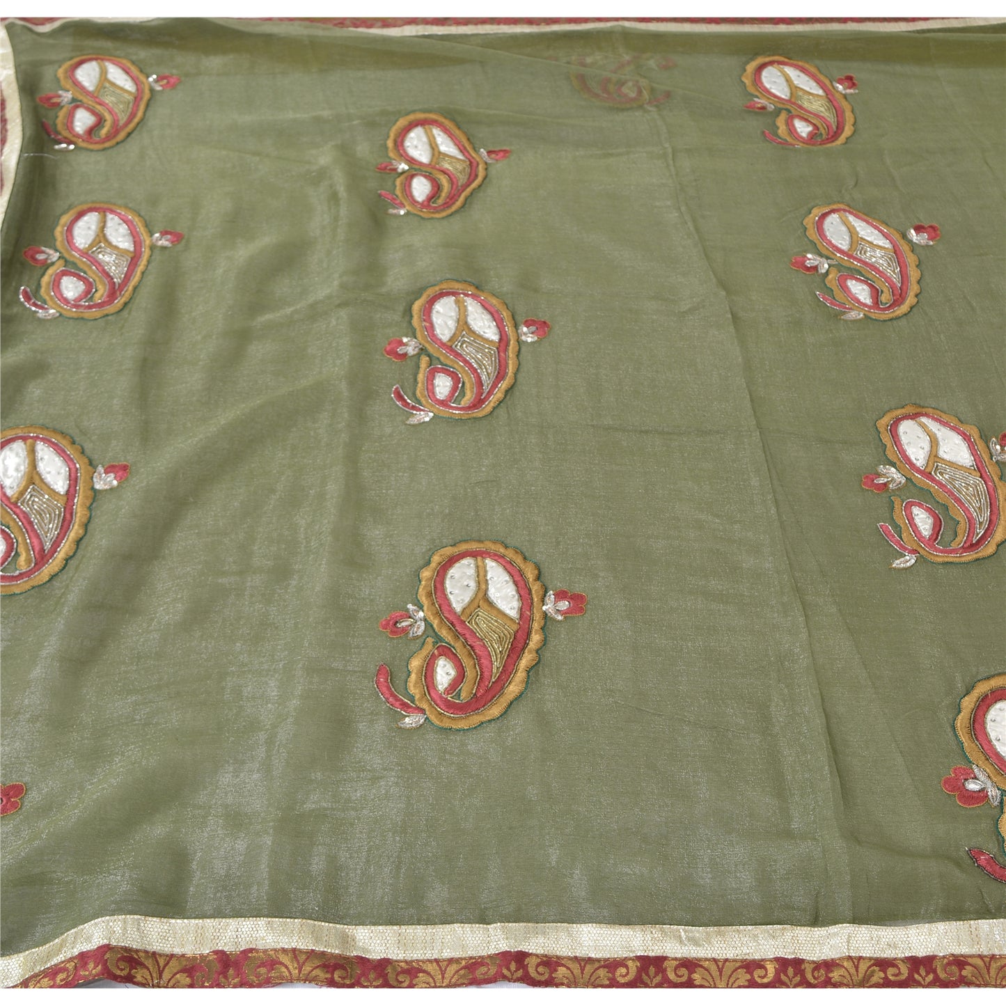 Sanskriti Vintage Green Sarees Blend Silk Hand Beaded Craft Fabric Premium Sari