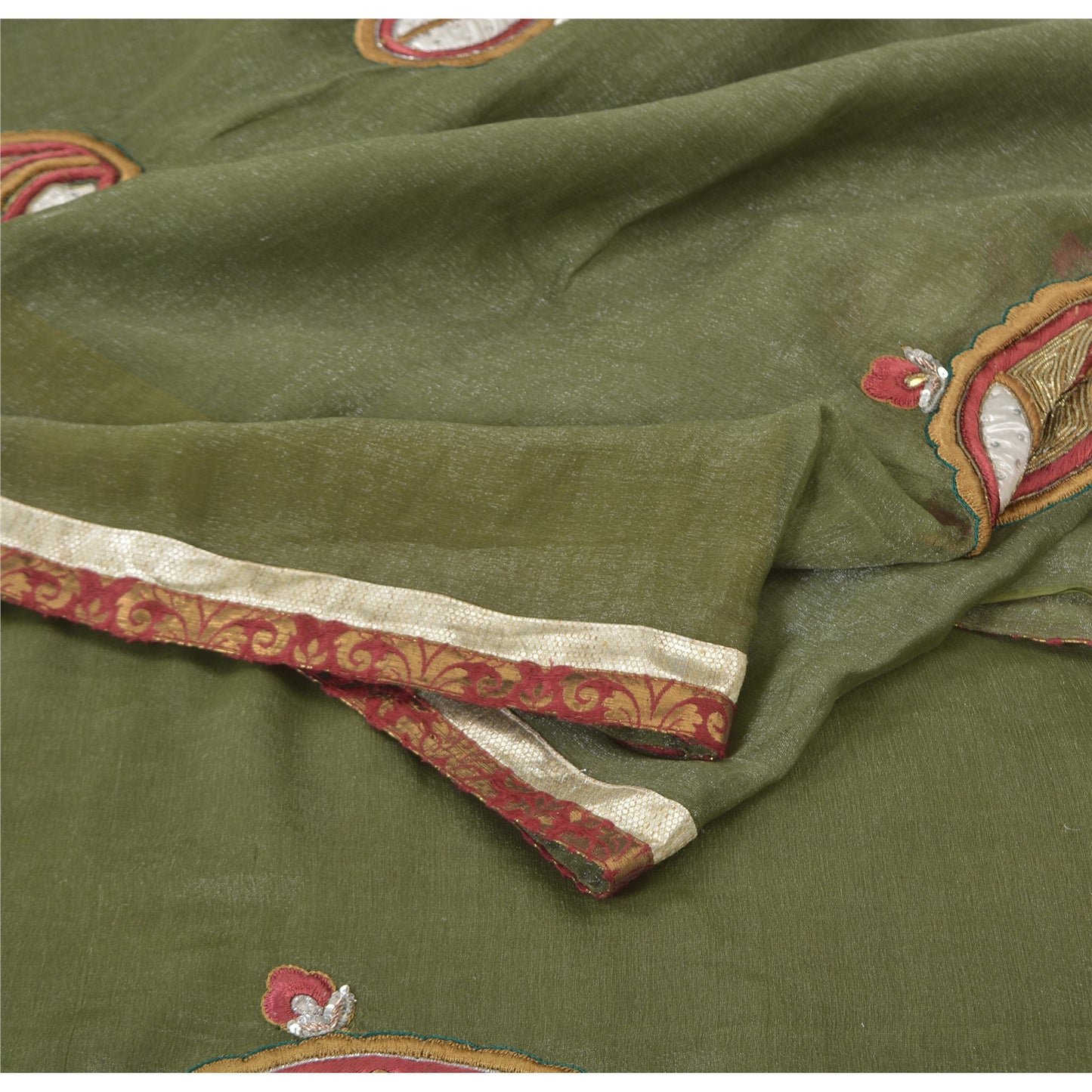 Sanskriti Vintage Green Sarees Blend Silk Hand Beaded Craft Fabric Premium Sari