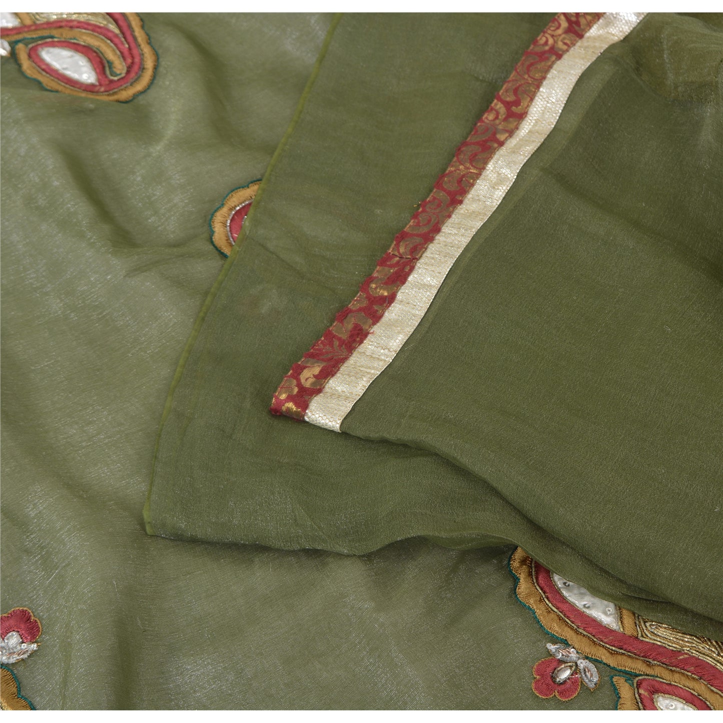 Sanskriti Vintage Green Sarees Blend Silk Hand Beaded Craft Fabric Premium Sari