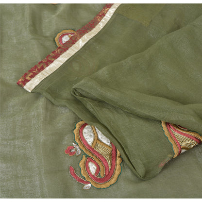 Sanskriti Vintage Green Sarees Blend Silk Hand Beaded Craft Fabric Premium Sari