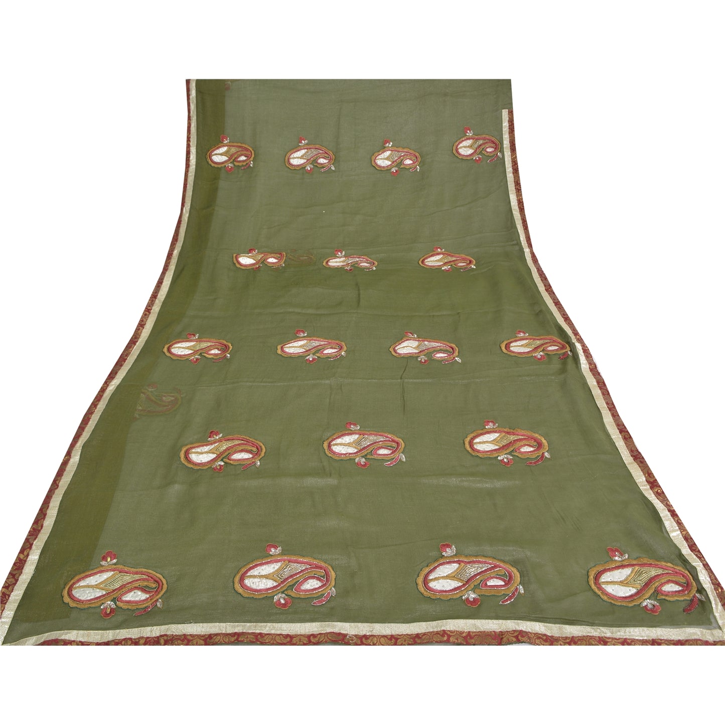 Sanskriti Vintage Green Sarees Blend Silk Hand Beaded Craft Fabric Premium Sari