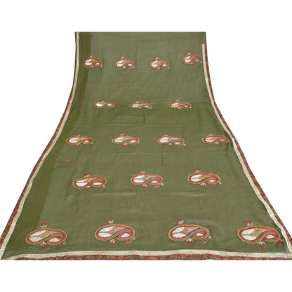Sanskriti Vintage Green Sarees Blend Silk Hand Beaded Craft Fabric Premium Sari