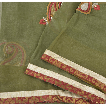 Sanskriti Vintage Green Sarees Blend Silk Hand Beaded Craft Fabric Premium Sari