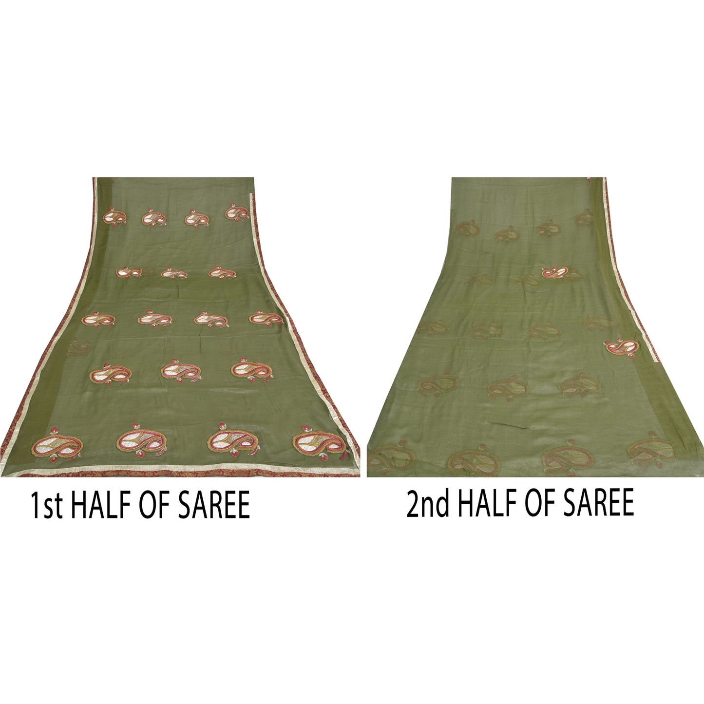 Sanskriti Vintage Green Sarees Blend Silk Hand Beaded Craft Fabric Premium Sari