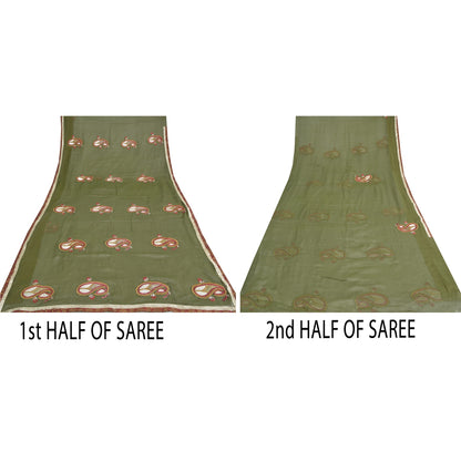 Sanskriti Vintage Green Sarees Blend Silk Hand Beaded Craft Fabric Premium Sari