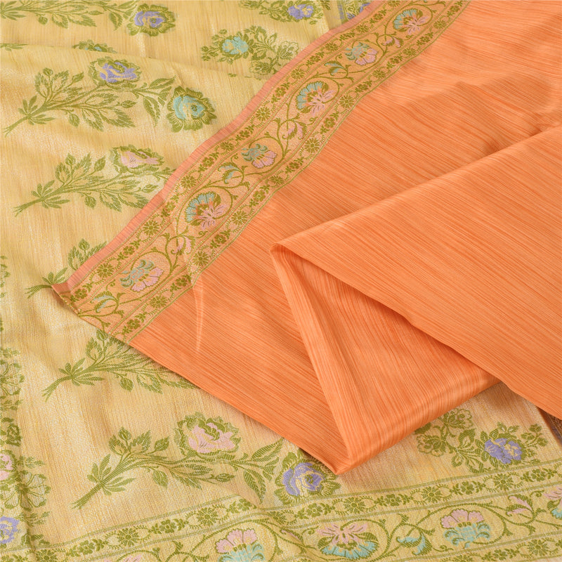 Sanskriti Vintage Orange/Ivory Sarees Art Silk Woven Sari Premium Craft Fabric