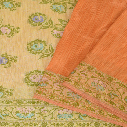 Sanskriti Vintage Orange/Ivory Sarees Art Silk Woven Sari Premium Craft Fabric