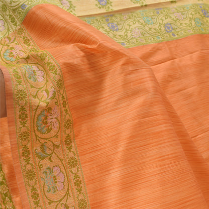 Sanskriti Vintage Orange/Ivory Sarees Art Silk Woven Sari Premium Craft Fabric