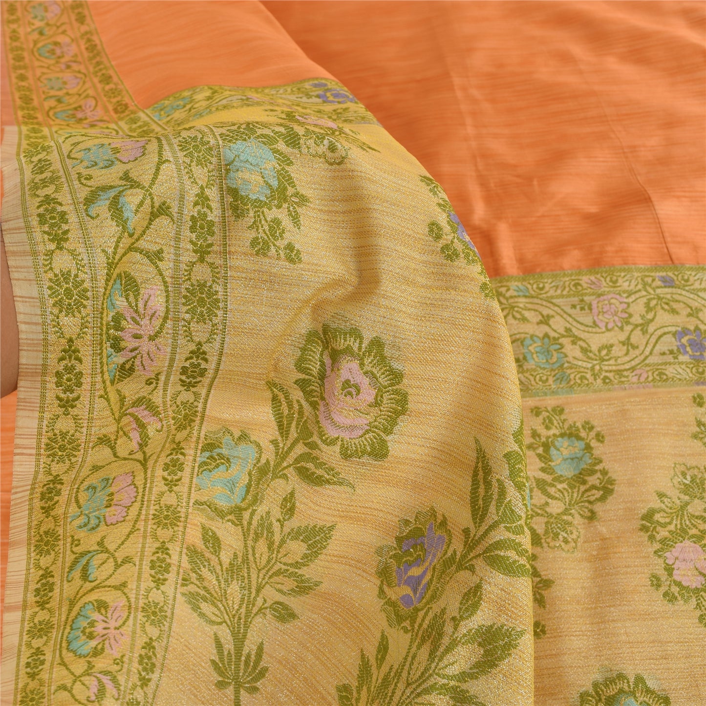 Sanskriti Vintage Orange/Ivory Sarees Art Silk Woven Sari Premium Craft Fabric
