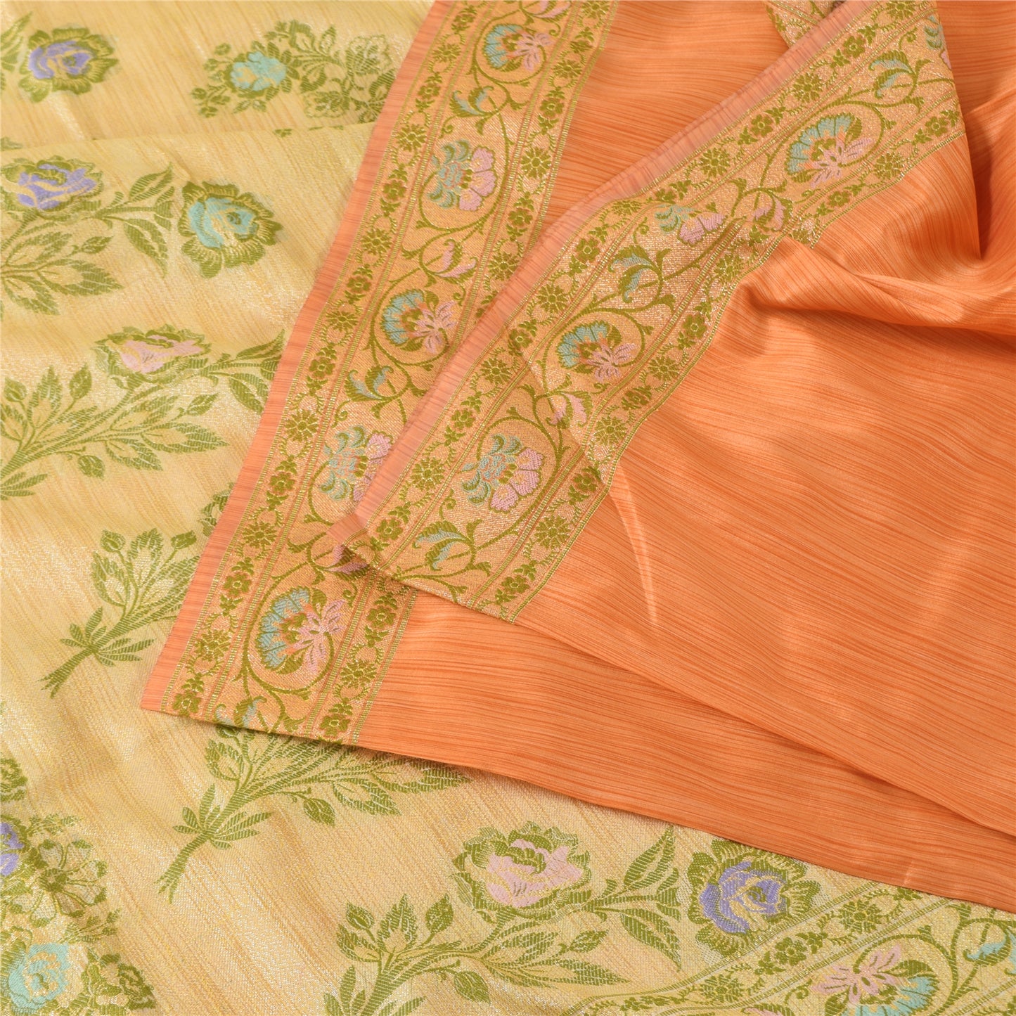 Sanskriti Vintage Orange/Ivory Sarees Art Silk Woven Sari Premium Craft Fabric