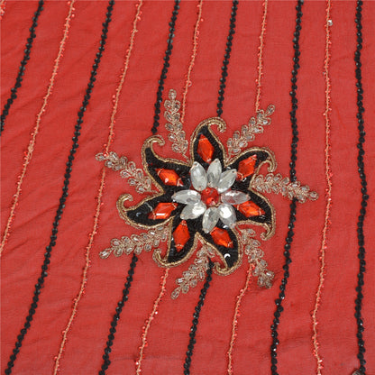 Sanskriti Vintage Saree With Blouse Piece Designer Black & Red Saree 100% Pure Georgette Silk Hand Beaded Zari Zardozi 5.5+Yard Sari