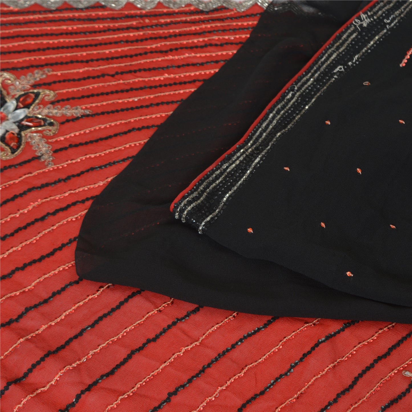 Sanskriti Vintage Saree With Blouse Piece Designer Black & Red Saree 100% Pure Georgette Silk Hand Beaded Zari Zardozi 5.5+Yard Sari