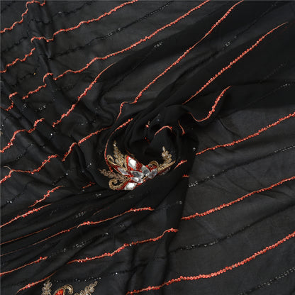 Sanskriti Vintage Saree With Blouse Piece Designer Black & Red Saree 100% Pure Georgette Silk Hand Beaded Zari Zardozi 5.5+Yard Sari