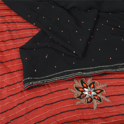 Sanskriti Vintage Saree With Blouse Piece Designer Black & Red Saree 100% Pure Georgette Silk Hand Beaded Zari Zardozi 5.5+Yard Sari