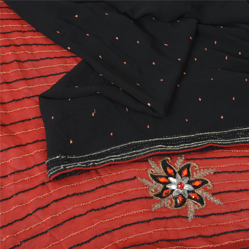 Sanskriti Vintage Saree With Blouse Piece Designer Black & Red Saree 100% Pure Georgette Silk Hand Beaded Zari Zardozi 5.5+Yard Sari