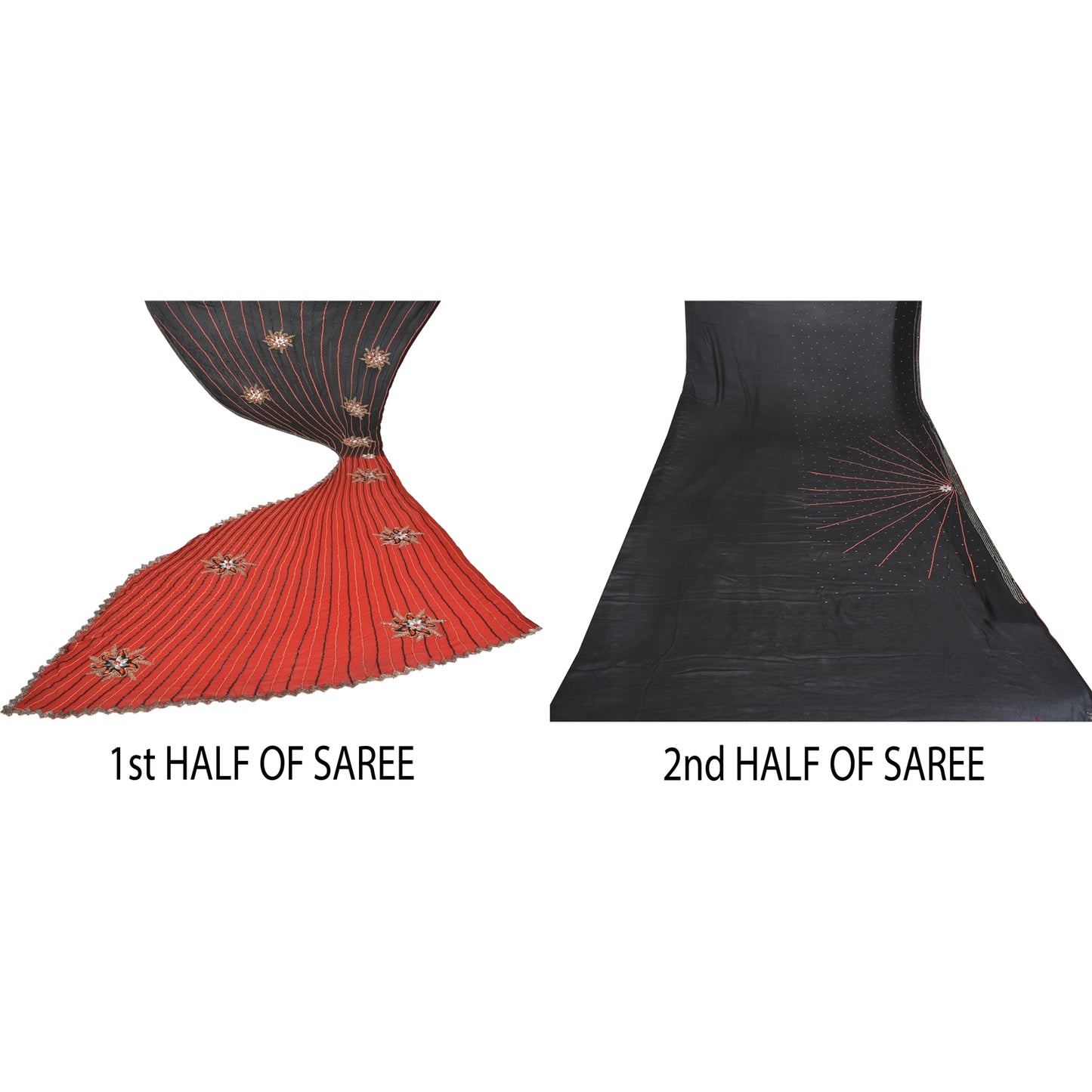 Sanskriti Vintage Saree With Blouse Piece Designer Black & Red Saree 100% Pure Georgette Silk Hand Beaded Zari Zardozi 5.5+Yard Sari