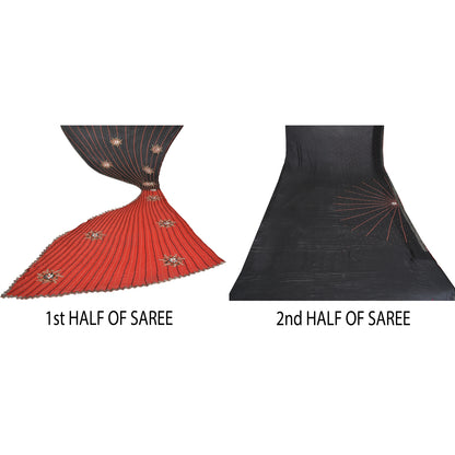 Sanskriti Vintage Saree With Blouse Piece Designer Black & Red Saree 100% Pure Georgette Silk Hand Beaded Zari Zardozi 5.5+Yard Sari