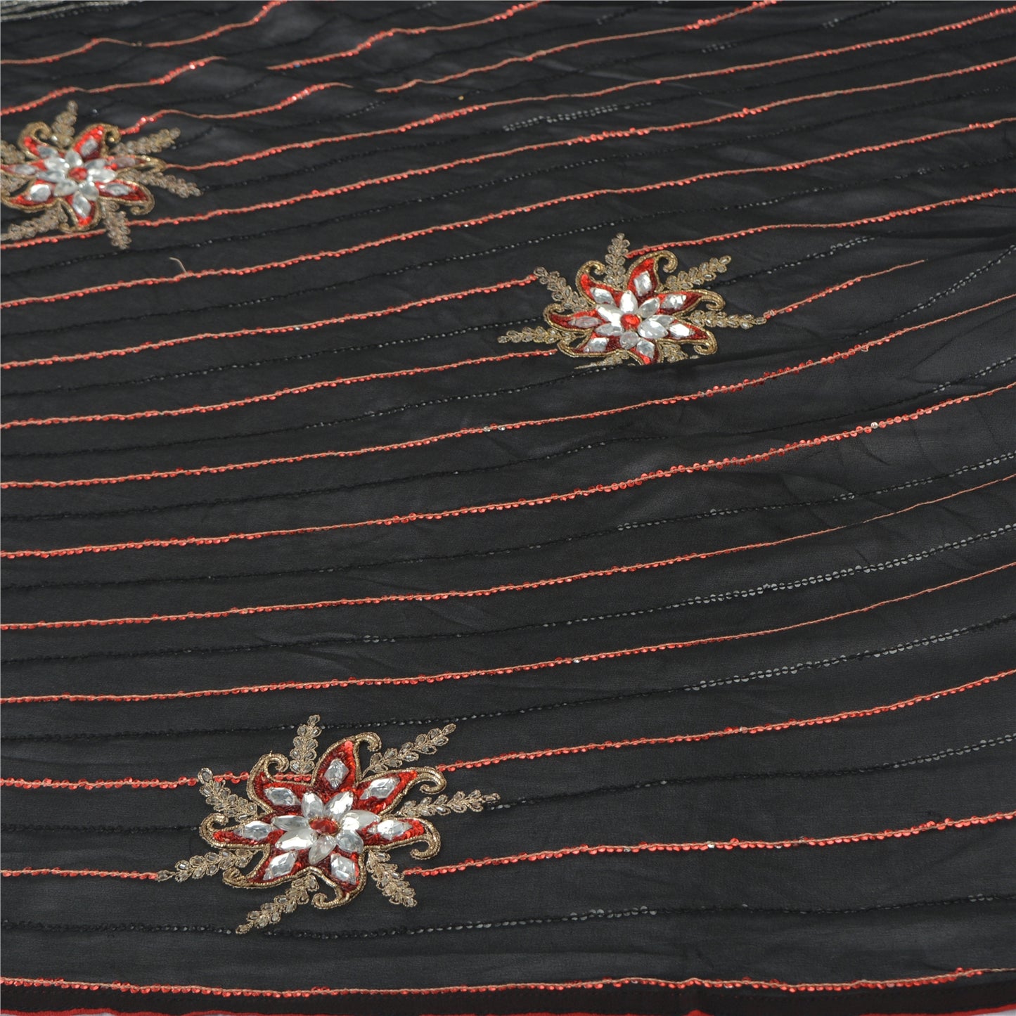 Sanskriti Vintage Saree With Blouse Piece Designer Black & Red Saree 100% Pure Georgette Silk Hand Beaded Zari Zardozi 5.5+Yard Sari