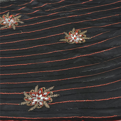Sanskriti Vintage Saree With Blouse Piece Designer Black & Red Saree 100% Pure Georgette Silk Hand Beaded Zari Zardozi 5.5+Yard Sari