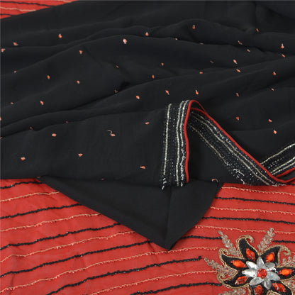 Sanskriti Vintage Saree With Blouse Piece Designer Black & Red Saree 100% Pure Georgette Silk Hand Beaded Zari Zardozi 5.5+Yard Sari