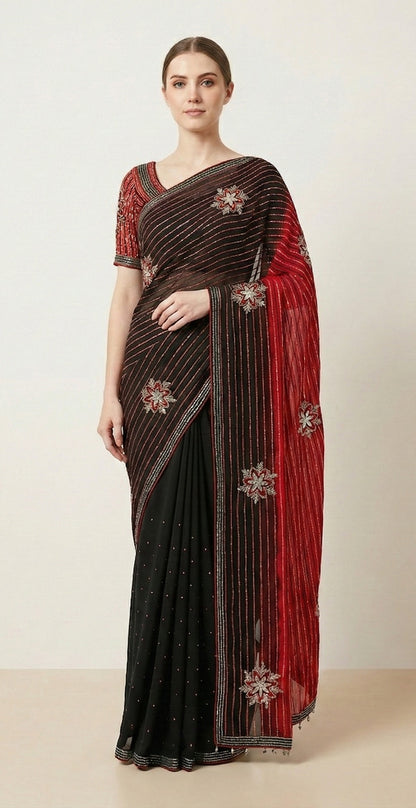 Sanskriti Vintage Saree With Blouse Piece Designer Black & Red Saree 100% Pure Georgette Silk Hand Beaded Zari Zardozi 5.5+Yard Sari