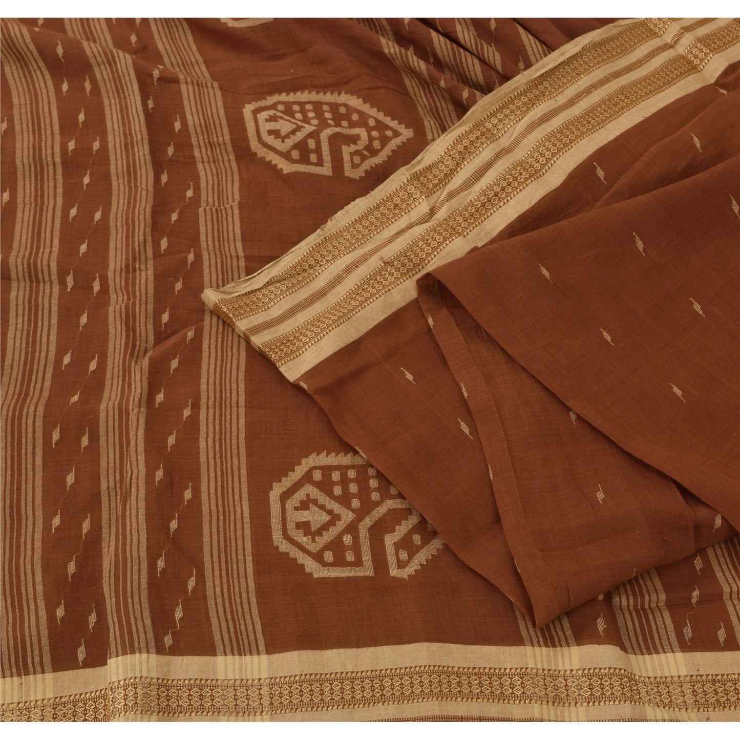 Sanskriti Vintage Brown Sarees Pure Cotton Hand Woven Tant Premium Sari Fabric