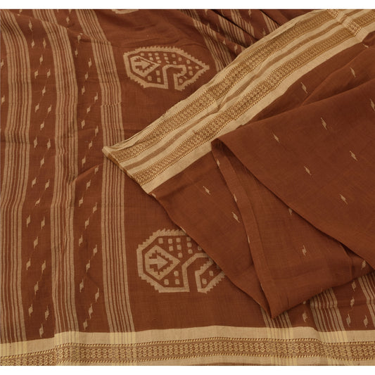 Sanskriti Vintage Brown Sarees Pure Cotton Hand Woven Tant Premium Sari Fabric