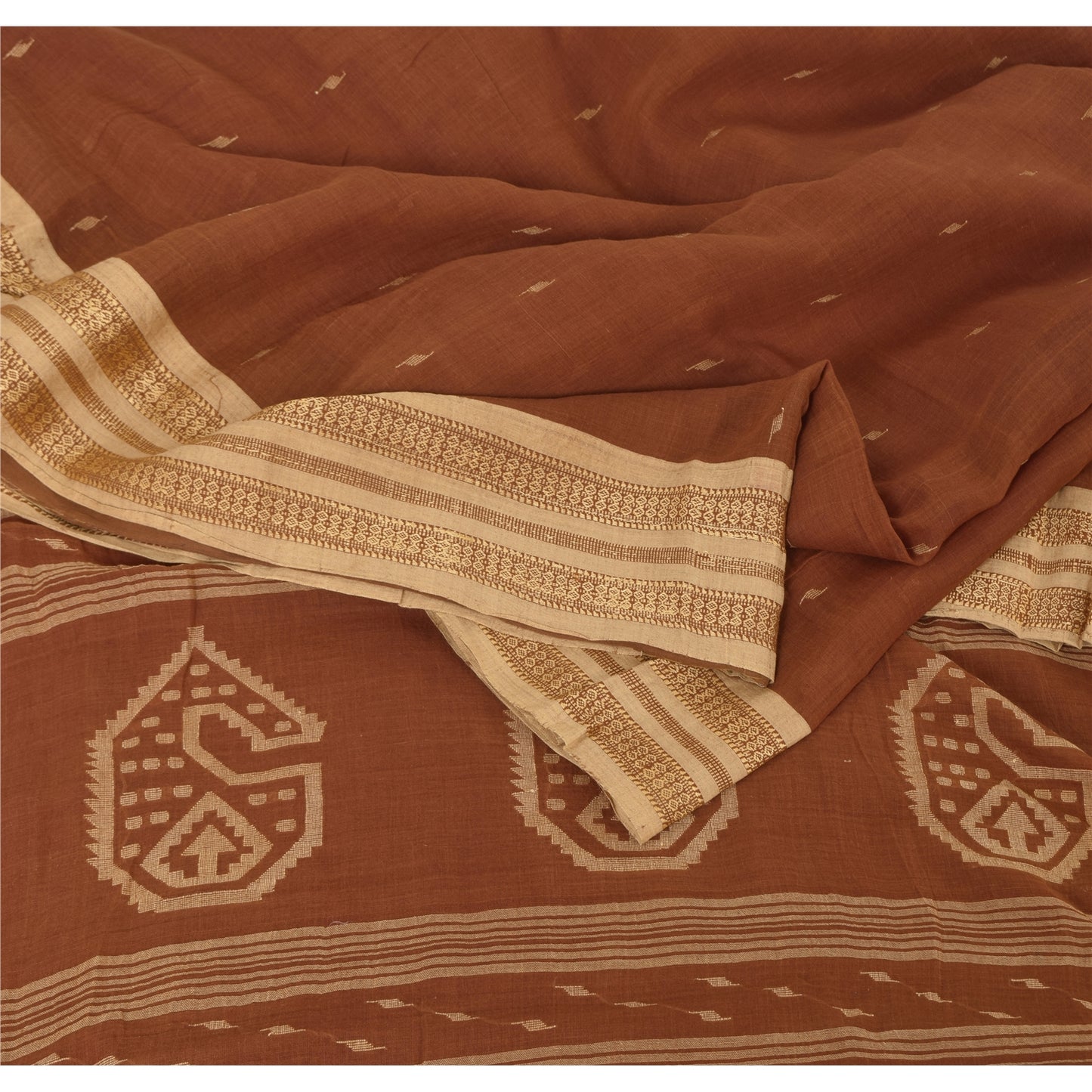 Sanskriti Vintage Brown Sarees Pure Cotton Hand Woven Tant Premium Sari Fabric