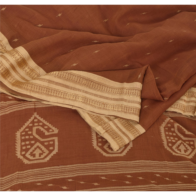 Sanskriti Vintage Brown Sarees Pure Cotton Hand Woven Tant Premium Sari Fabric